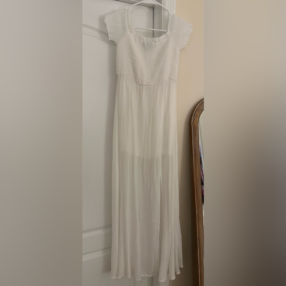 Red dress boutique off the shoulder smocked dress